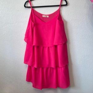 Hot pink 3 tier ruffle sleeveless dress by Vine & Love. Adjustable straps lined